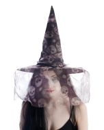 Chapeau de sorcière adulte - noir avec voilette imprimée têtes de mort