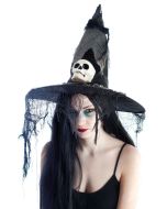 Chapeau de sorcière adulte - noir avec voile gris et tête de mort