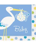 16 serviettes Baby-Shower cigogne bleu ciel