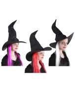Chapeau de sorcière adulte - tissu noir avec cheveux couleur