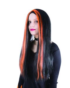 Perruque sorcière noire avec mèches orange