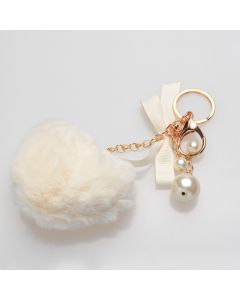 Porte-clés pompon et perles blanc 11 x 16 cm